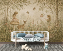 Load image into Gallery viewer, Fairy Woodland Nursery Wallpaper Mural, Vintage Storybook Wall Art, Neutral Floral Forest &amp; Deer, Girls Room Peel and Stick Wallpaper 839LU