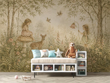 Load image into Gallery viewer, Fairy Woodland Nursery Wallpaper Mural, Vintage Storybook Wall Art, Neutral Floral Forest &amp; Deer, Girls Room Peel and Stick Wallpaper 839LU
