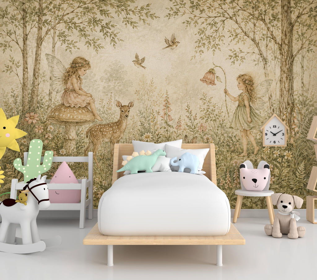 Fairy Woodland Nursery Wallpaper Mural, Vintage Storybook Wall Art, Neutral Floral Forest & Deer, Girls Room Peel and Stick Wallpaper 839LU