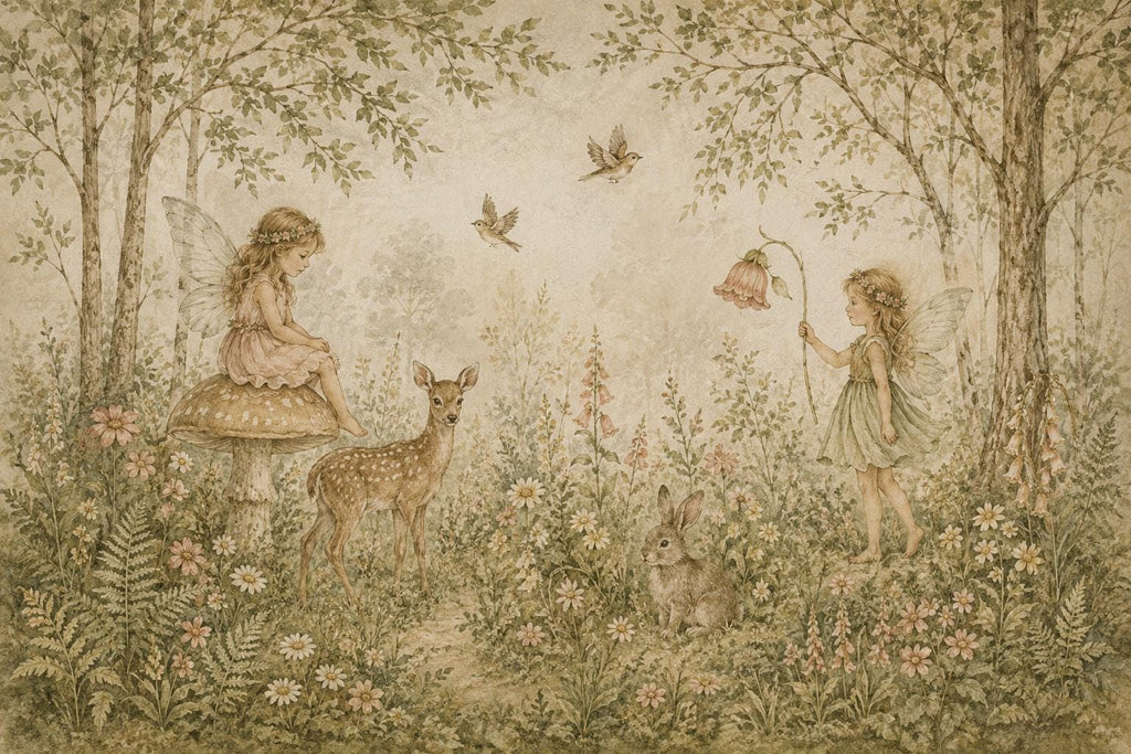 Fairy Woodland Nursery Wallpaper Mural, Vintage Storybook Wall Art, Neutral Floral Forest & Deer, Girls Room Peel and Stick Wallpaper 839LU