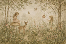 Load image into Gallery viewer, Fairy Woodland Nursery Wallpaper Mural, Vintage Storybook Wall Art, Neutral Floral Forest &amp; Deer, Girls Room Peel and Stick Wallpaper 839LU