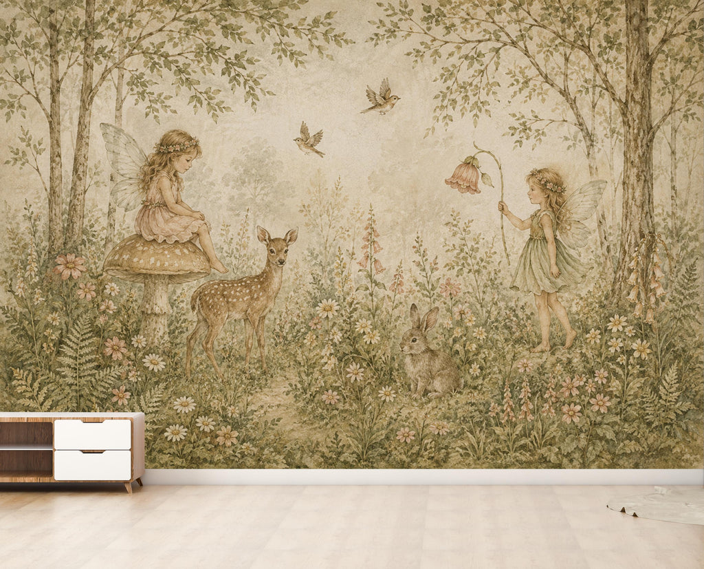 Fairy Woodland Nursery Wallpaper Mural, Vintage Storybook Wall Art, Neutral Floral Forest & Deer, Girls Room Peel and Stick Wallpaper 839LU