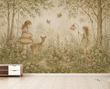 Load image into Gallery viewer, Fairy Woodland Nursery Wallpaper Mural, Vintage Storybook Wall Art, Neutral Floral Forest &amp; Deer, Girls Room Peel and Stick Wallpaper 839LU