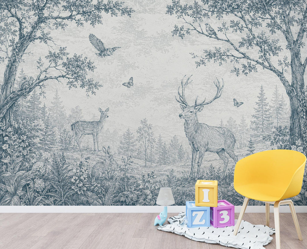 Blue Toile Woodland Wallpaper Mural, Vintage Forest Animal Wall Art, Deer & Rabbit Nursery Decor, French Country Mural, Peel and Stick 840LU