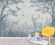 Load image into Gallery viewer, Blue Toile Woodland Wallpaper Mural, Vintage Forest Animal Wall Art, Deer &amp; Rabbit Nursery Decor, French Country Mural, Peel and Stick 840LU