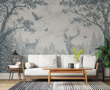 Load image into Gallery viewer, Blue Toile Woodland Wallpaper Mural, Vintage Forest Animal Wall Art, Deer &amp; Rabbit Nursery Decor, French Country Mural, Peel and Stick 840LU