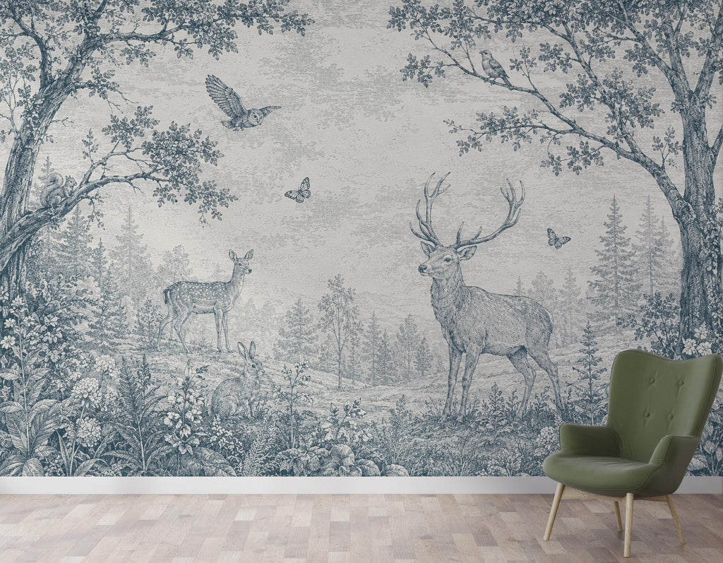 Blue Toile Woodland Wallpaper Mural, Vintage Forest Animal Wall Art, Deer & Rabbit Nursery Decor, French Country Mural, Peel and Stick 840LU
