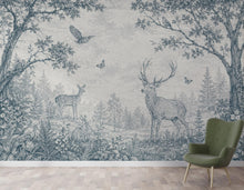 Load image into Gallery viewer, Blue Toile Woodland Wallpaper Mural, Vintage Forest Animal Wall Art, Deer &amp; Rabbit Nursery Decor, French Country Mural, Peel and Stick 840LU