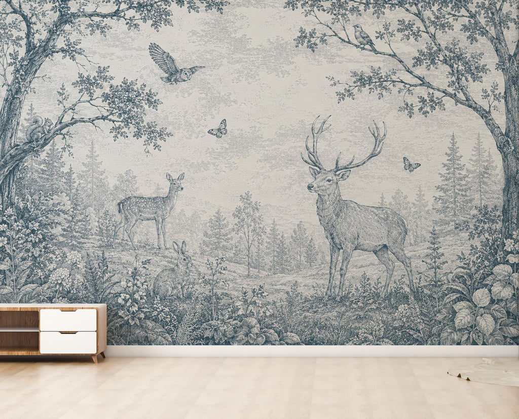 Blue Toile Woodland Wallpaper Mural, Vintage Forest Animal Wall Art, Deer & Rabbit Nursery Decor, French Country Mural, Peel and Stick 840LU