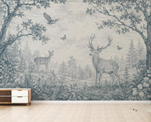 Load image into Gallery viewer, Blue Toile Woodland Wallpaper Mural, Vintage Forest Animal Wall Art, Deer &amp; Rabbit Nursery Decor, French Country Mural, Peel and Stick 840LU