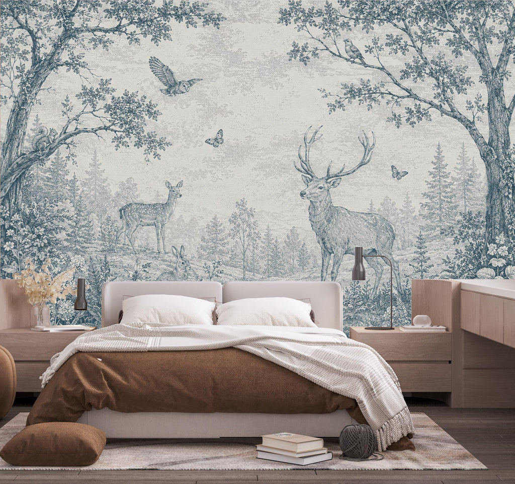 Blue Toile Woodland Wallpaper Mural, Vintage Forest Animal Wall Art, Deer & Rabbit Nursery Decor, French Country Mural, Peel and Stick 840LU