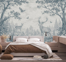 Load image into Gallery viewer, Blue Toile Woodland Wallpaper Mural, Vintage Forest Animal Wall Art, Deer &amp; Rabbit Nursery Decor, French Country Mural, Peel and Stick 840LU