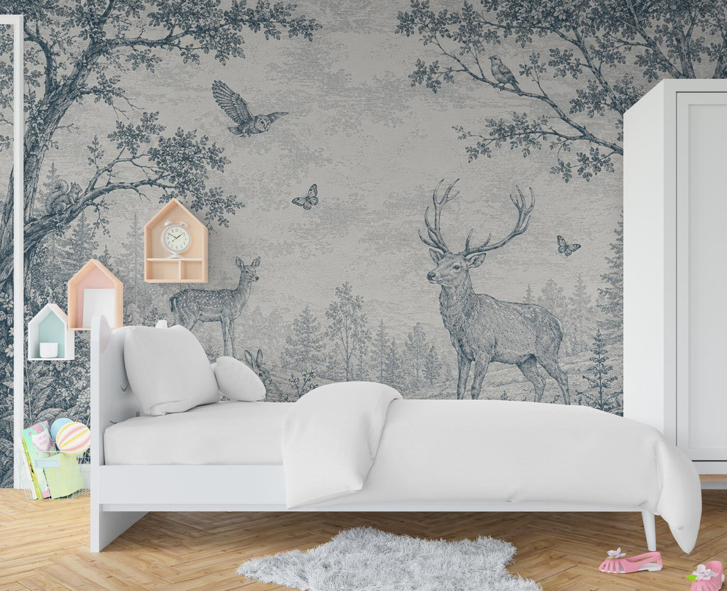 Blue Toile Woodland Wallpaper Mural, Vintage Forest Animal Wall Art, Deer & Rabbit Nursery Decor, French Country Mural, Peel and Stick 840LU