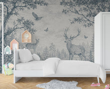 Load image into Gallery viewer, Blue Toile Woodland Wallpaper Mural, Vintage Forest Animal Wall Art, Deer &amp; Rabbit Nursery Decor, French Country Mural, Peel and Stick 840LU