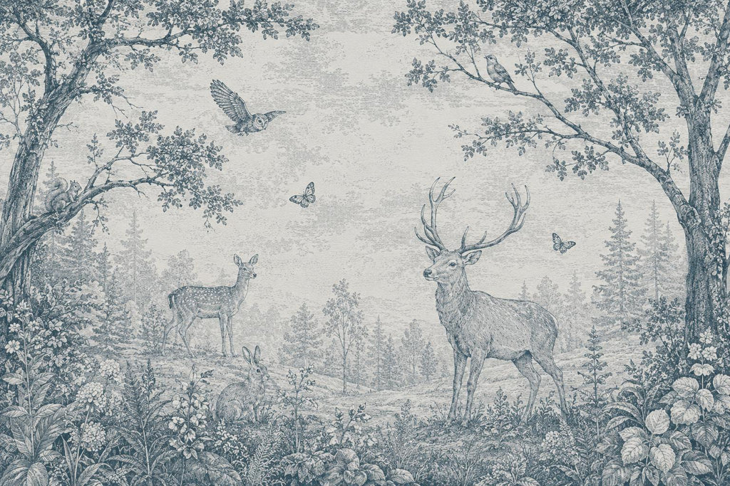 Blue Toile Woodland Wallpaper Mural, Vintage Forest Animal Wall Art, Deer & Rabbit Nursery Decor, French Country Mural, Peel and Stick 840LU