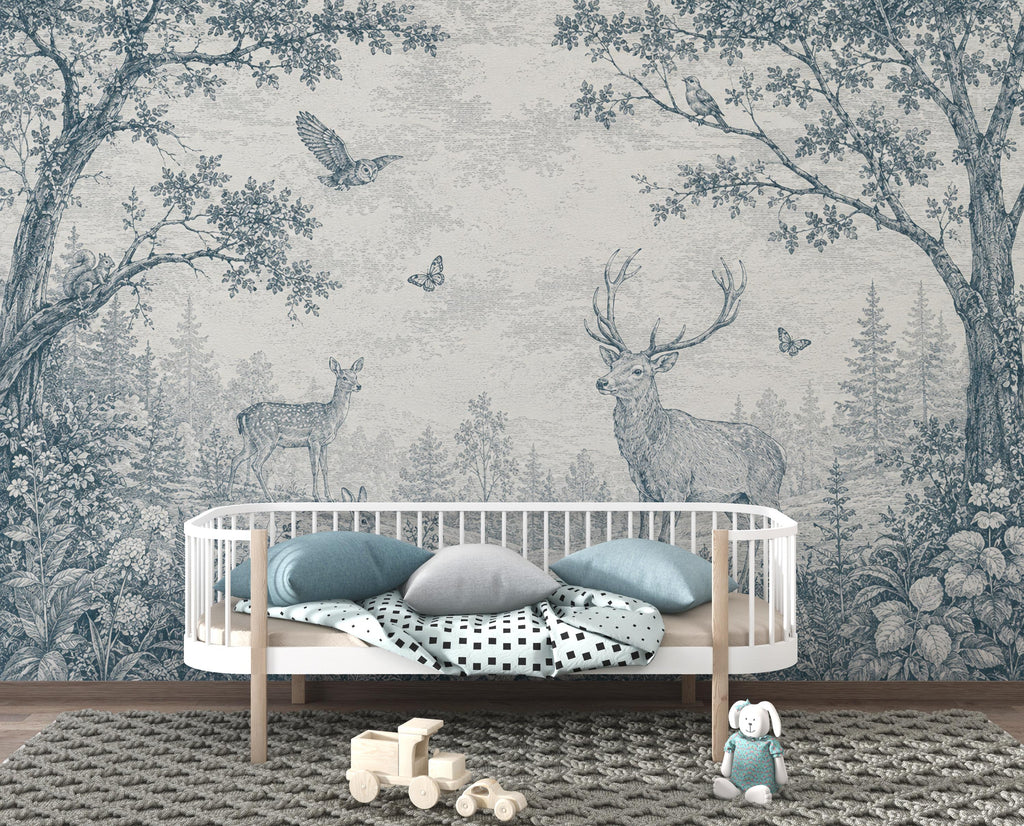 Blue Toile Woodland Wallpaper Mural, Vintage Forest Animal Wall Art, Deer & Rabbit Nursery Decor, French Country Mural, Peel and Stick 840LU