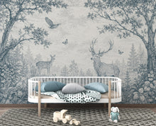 Load image into Gallery viewer, Blue Toile Woodland Wallpaper Mural, Vintage Forest Animal Wall Art, Deer &amp; Rabbit Nursery Decor, French Country Mural, Peel and Stick 840LU