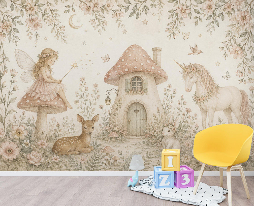 Fairy Cottage Wallpaper Mural, Whimsical Nursery Wall Art, Vintage Floral Unicorn & Deer, Storybook Girls Room Decor, Peel and Stick 841LU