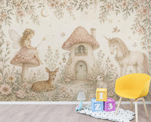 Load image into Gallery viewer, Fairy Cottage Wallpaper Mural, Whimsical Nursery Wall Art, Vintage Floral Unicorn &amp; Deer, Storybook Girls Room Decor, Peel and Stick 841LU