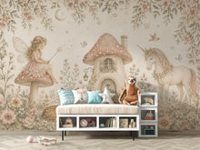 Load image into Gallery viewer, Fairy Cottage Wallpaper Mural, Whimsical Nursery Wall Art, Vintage Floral Unicorn &amp; Deer, Storybook Girls Room Decor, Peel and Stick 841LU