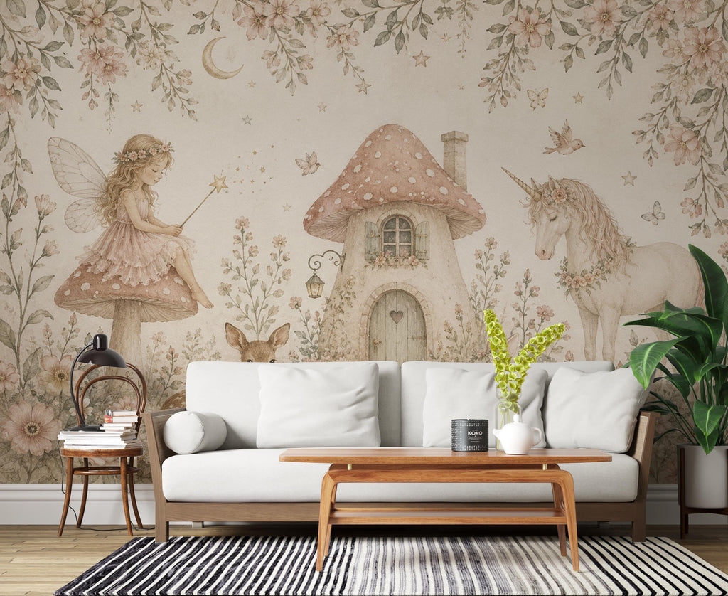 Fairy Cottage Wallpaper Mural, Whimsical Nursery Wall Art, Vintage Floral Unicorn & Deer, Storybook Girls Room Decor, Peel and Stick 841LU