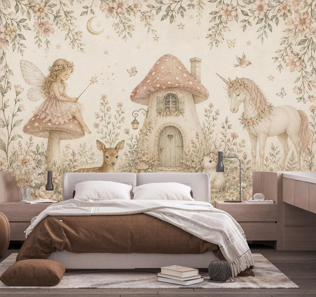 Fairy Cottage Wallpaper Mural, Whimsical Nursery Wall Art, Vintage Floral Unicorn & Deer, Storybook Girls Room Decor, Peel and Stick 841LU