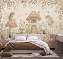 Load image into Gallery viewer, Fairy Cottage Wallpaper Mural, Whimsical Nursery Wall Art, Vintage Floral Unicorn &amp; Deer, Storybook Girls Room Decor, Peel and Stick 841LU