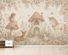 Load image into Gallery viewer, Fairy Cottage Wallpaper Mural, Whimsical Nursery Wall Art, Vintage Floral Unicorn &amp; Deer, Storybook Girls Room Decor, Peel and Stick 841LU