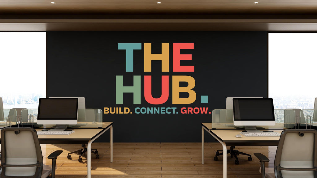 THE HUB Wall Decal – Build Connect – Office Wall Art – Business Workspace Vinyl Decal – Entrepreneur Office Decor – Startup Wall Quote 788LU