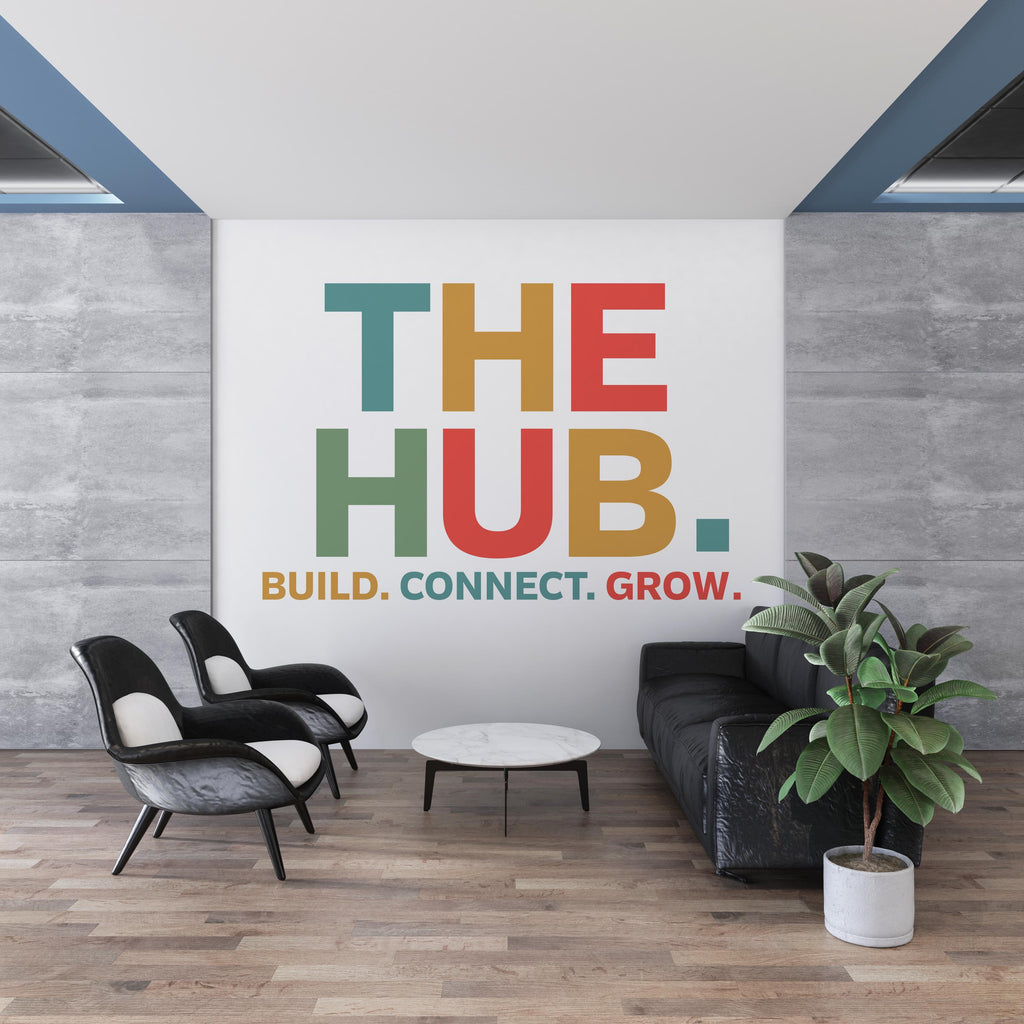 THE HUB Wall Decal – Build Connect – Office Wall Art – Business Workspace Vinyl Decal – Entrepreneur Office Decor – Startup Wall Quote 788LU