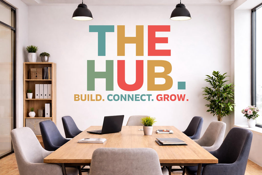 THE HUB Wall Decal – Build Connect – Office Wall Art – Business Workspace Vinyl Decal – Entrepreneur Office Decor – Startup Wall Quote 788LU