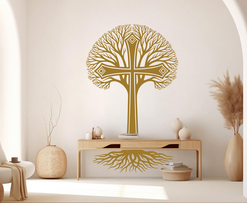 Jesus Cross Vinyl Wall Decal, Tree of life Christian Decor Tree stickers 1128RS