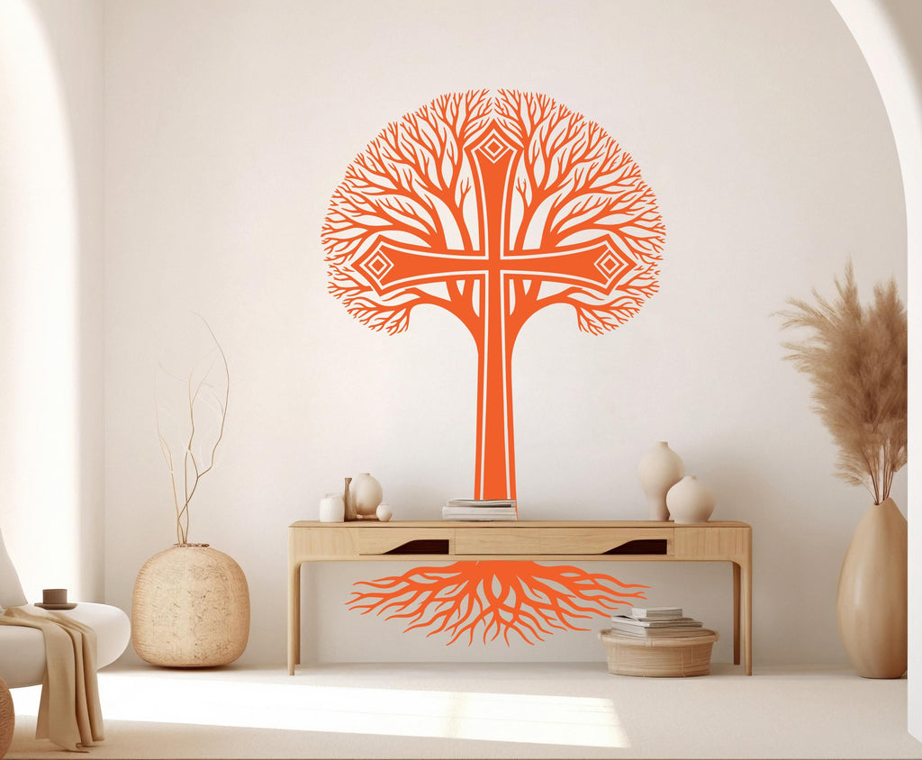 Jesus Cross Vinyl Wall Decal, Tree of life Christian Decor Tree stickers 1128RS