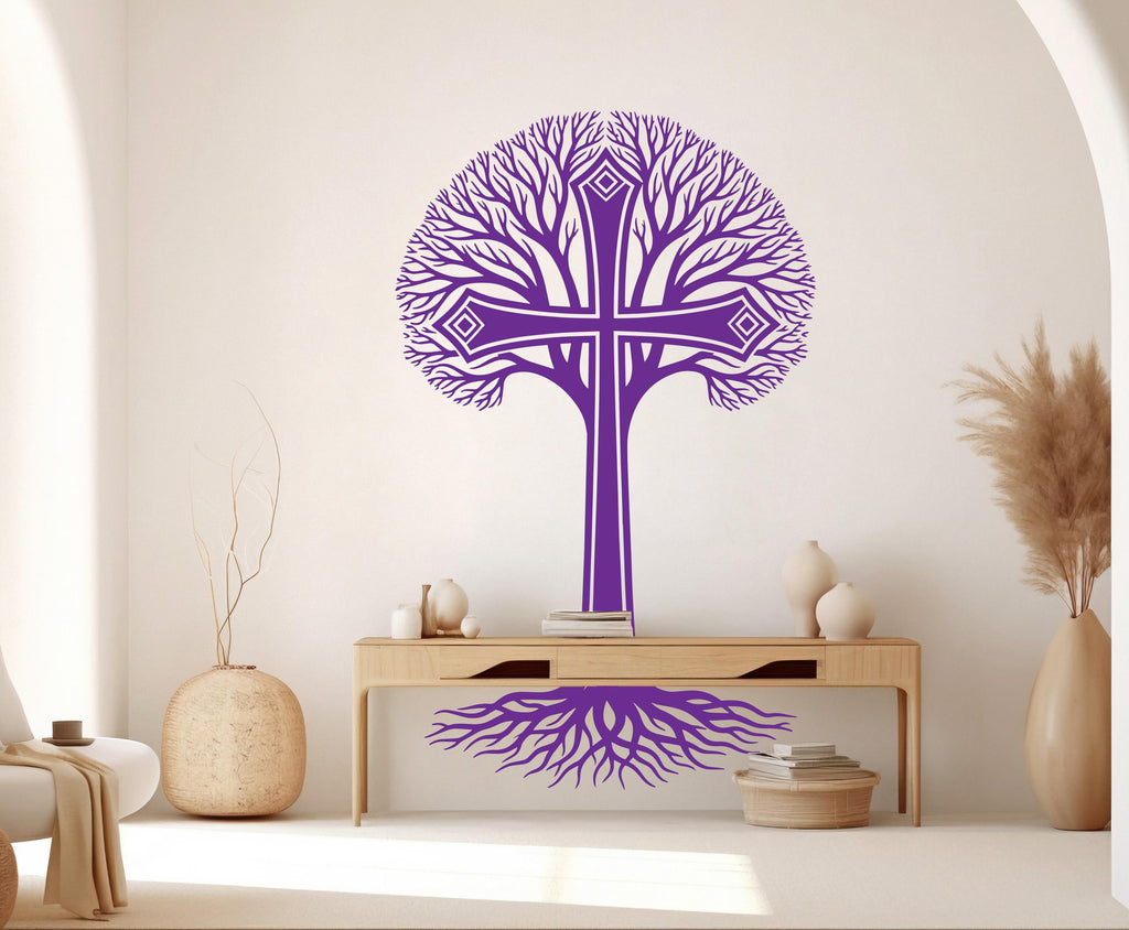Jesus Cross Vinyl Wall Decal, Tree of life Christian Decor Tree stickers 1128RS