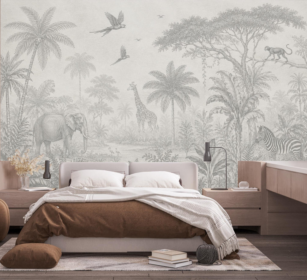 Safari Jungle Wallpaper Peel and Stick, Animal Wall Mural, Gray Tropical Nursery Mural, Monochrome Jungle Decor, Safari Kids Wallpaper 842LU