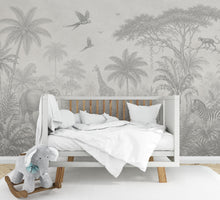 Load image into Gallery viewer, Safari Jungle Wallpaper Peel and Stick, Animal Wall Mural, Gray Tropical Nursery Mural, Monochrome Jungle Decor, Safari Kids Wallpaper 842LU