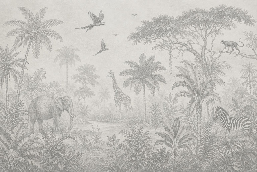 Safari Jungle Wallpaper Peel and Stick, Animal Wall Mural, Gray Tropical Nursery Mural, Monochrome Jungle Decor, Safari Kids Wallpaper 842LU