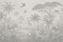 Load image into Gallery viewer, Safari Jungle Wallpaper Peel and Stick, Animal Wall Mural, Gray Tropical Nursery Mural, Monochrome Jungle Decor, Safari Kids Wallpaper 842LU