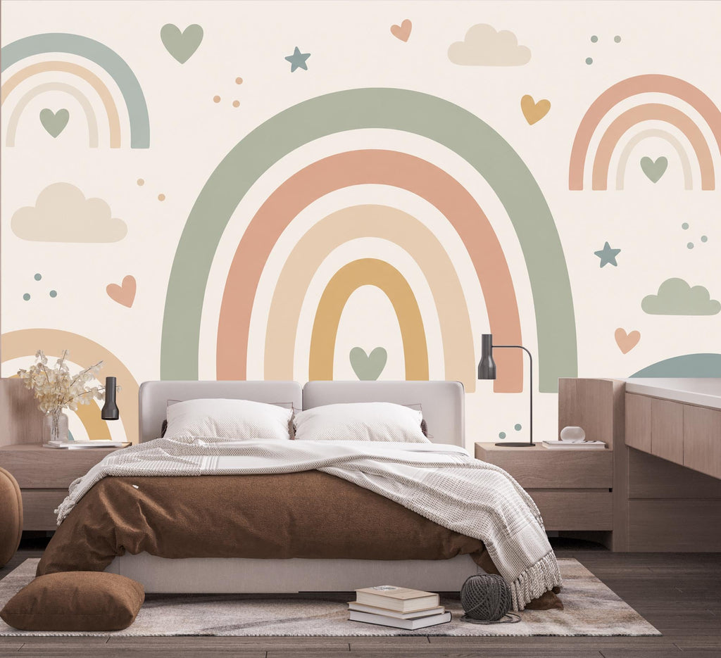 Pastel Rainbow Wallpaper Peel and Stick, Boho Nursery Wall Mural, Neutral Kids Room Decor, Rainbow Bedroom Art Decor 843LU