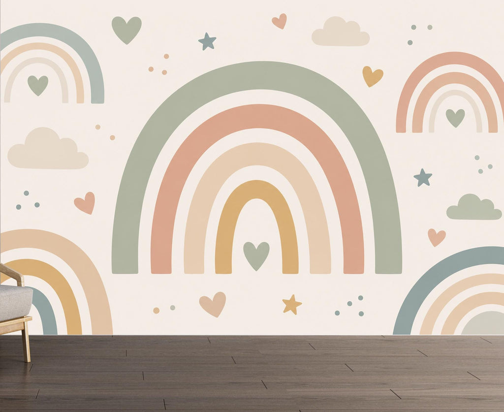 Pastel Rainbow Wallpaper Peel and Stick, Boho Nursery Wall Mural, Neutral Kids Room Decor, Rainbow Bedroom Art Decor 843LU
