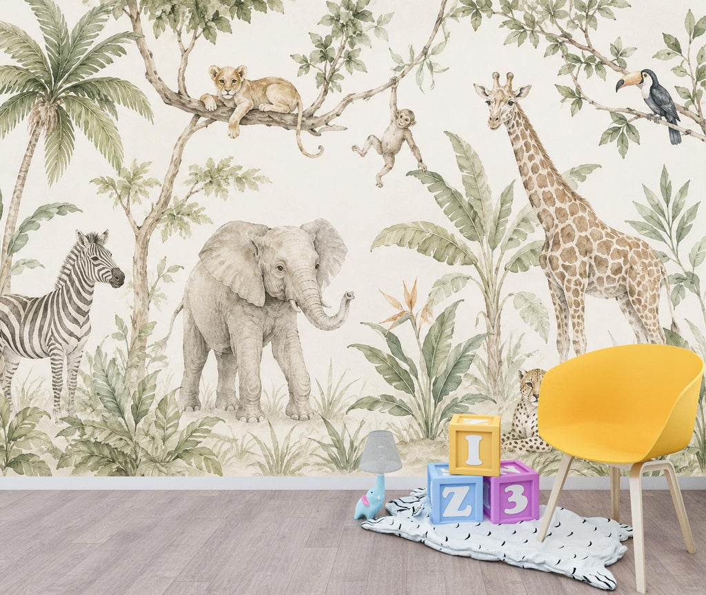 Safari Animal Wallpaper Peel and Stick, Neutral Jungle Nursery Wall Mural, Watercolor Safari Kids Room Decor for Boys or Girls 844LU