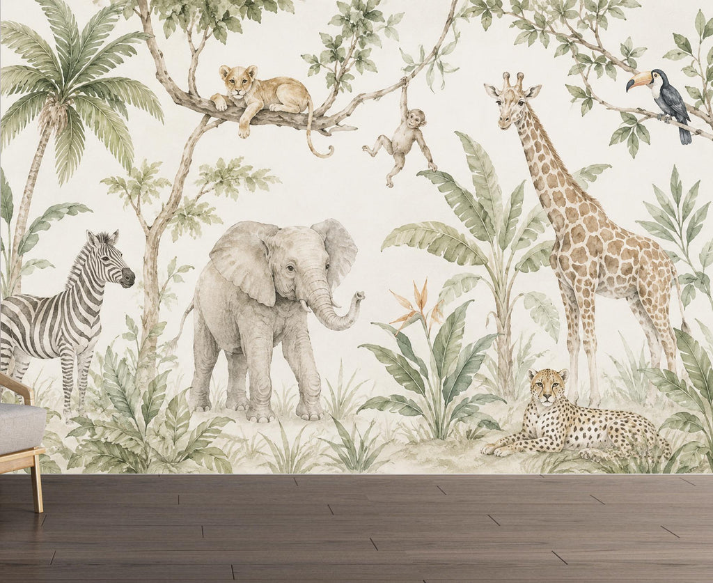 Safari Animal Wallpaper Peel and Stick, Neutral Jungle Nursery Wall Mural, Watercolor Safari Kids Room Decor for Boys or Girls 844LU