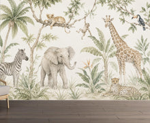 Load image into Gallery viewer, Safari Animal Wallpaper Peel and Stick, Neutral Jungle Nursery Wall Mural, Watercolor Safari Kids Room Decor for Boys or Girls 844LU