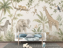 Load image into Gallery viewer, Safari Animal Wallpaper Peel and Stick, Neutral Jungle Nursery Wall Mural, Watercolor Safari Kids Room Decor for Boys or Girls 844LU