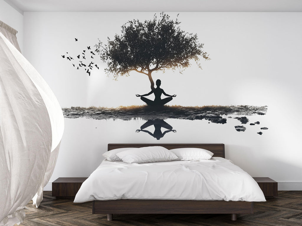 Meditation Tree Wall Decal Zen Yoga Wall Art Nature Wellness Mural Spa Decor Peel And Stick Vinyl Sticker