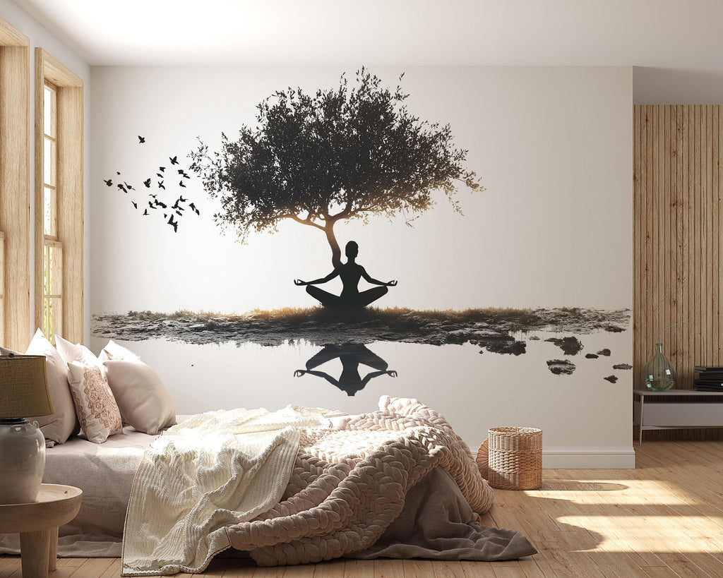 Meditation Tree Wall Decal Zen Yoga Wall Art Nature Wellness Mural Spa Decor Peel And Stick Vinyl Sticker