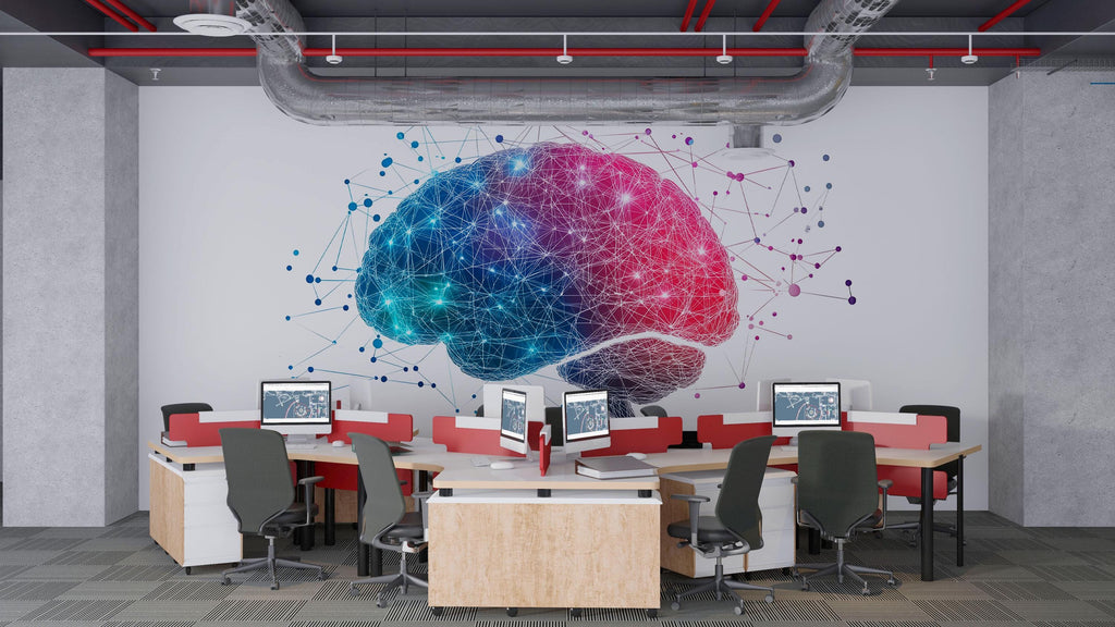 AI Brain Wall Decal Modern Tech Office Wall Art Innovation Workspace Sticker Futuristic Peel And Stick Vinyl Mural