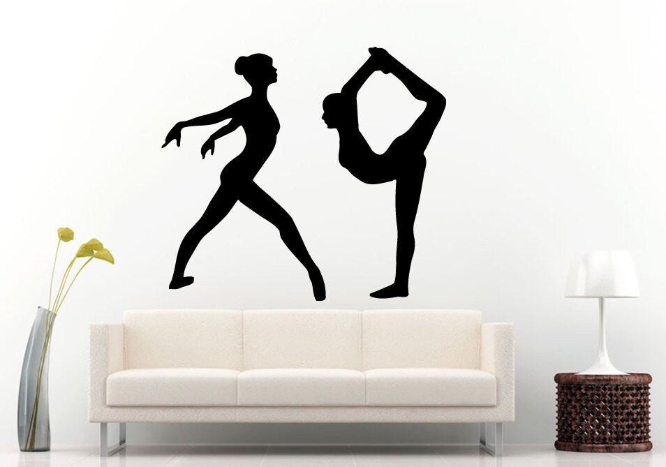 Two Rhythmic Gymnastics Gymnast Girls Females Silhouette Wall Decal Vinyl Sticker Mural Room Decor L785