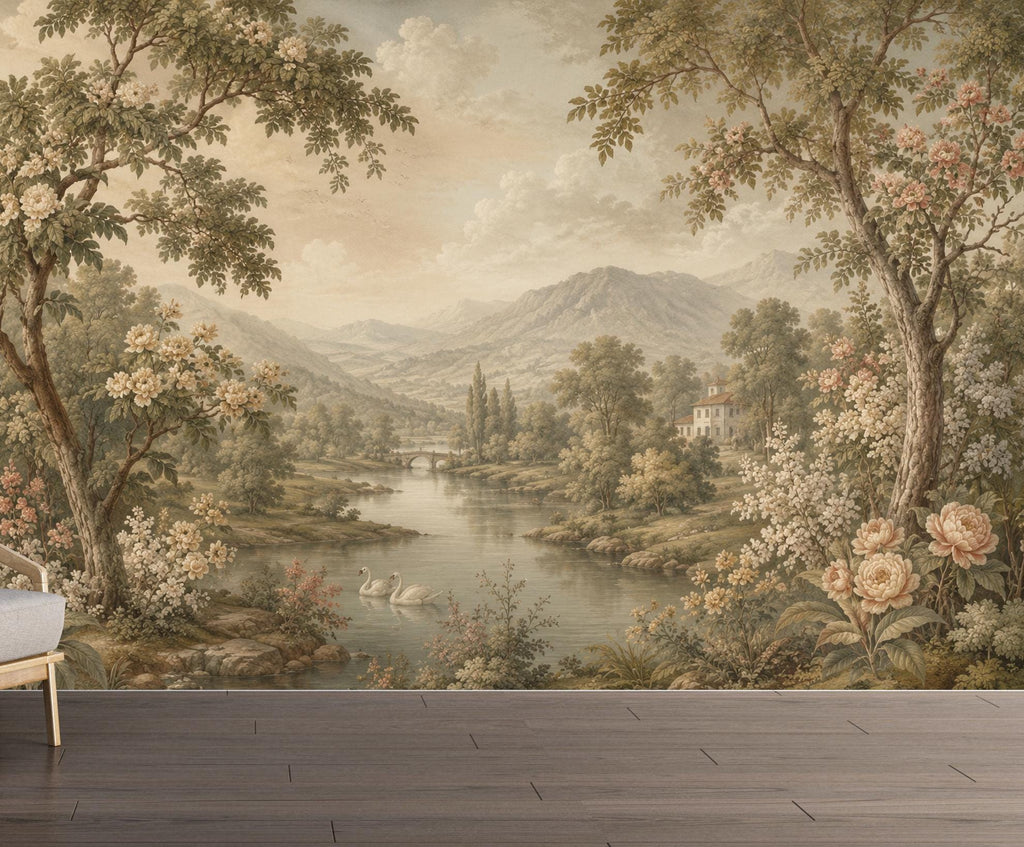 Vintage Landscape Wallpaper Peel and Stick, Romantic Countryside Wall Mural, Floral River Scenic Wallpaper Decor 845LU