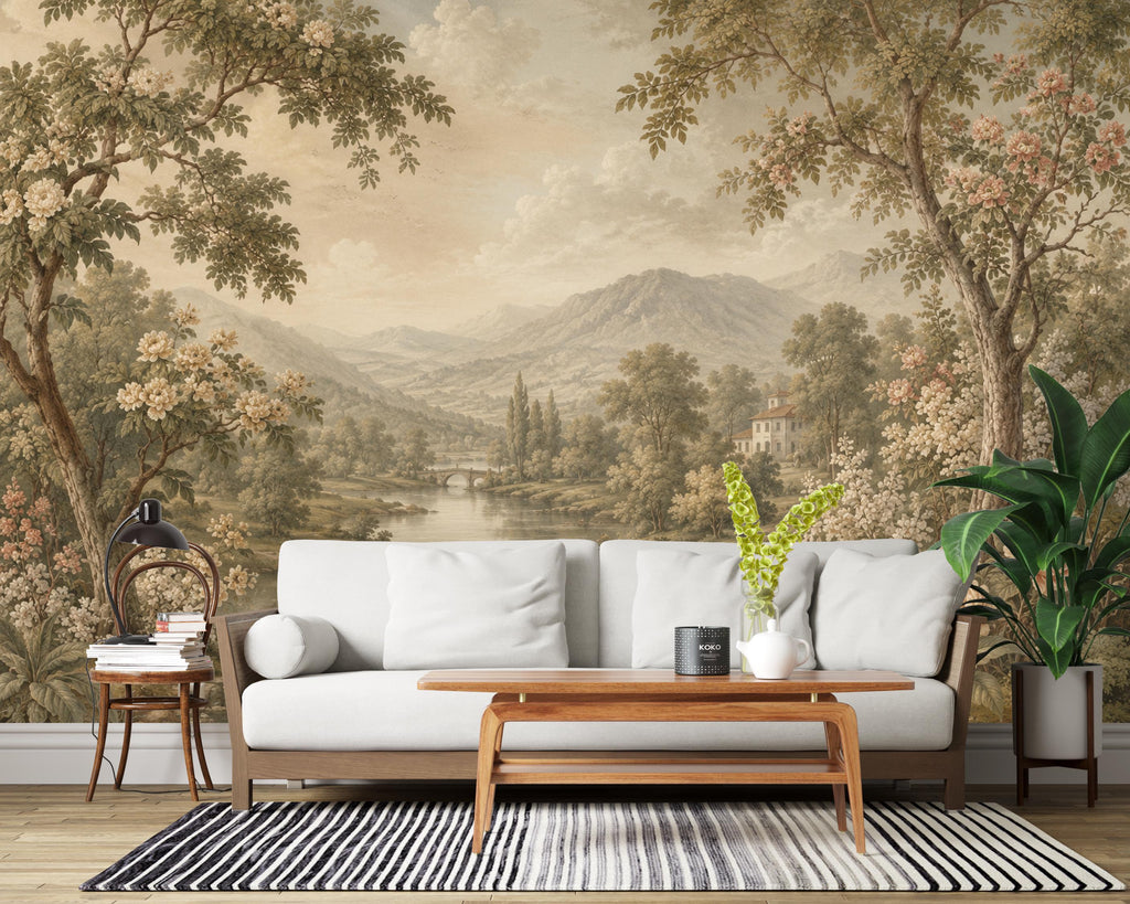 Vintage Landscape Wallpaper Peel and Stick, Romantic Countryside Wall Mural, Floral River Scenic Wallpaper Decor 845LU